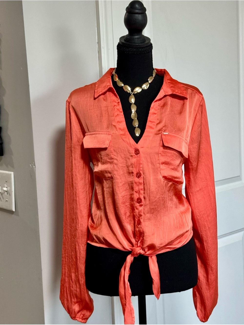 Guess Coral Tie-Front Button Down Blouse